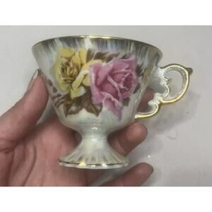 Vintage Pearlized/Irredesent Pink & Beige Rose-Pedistal Porcelain Tea Cup